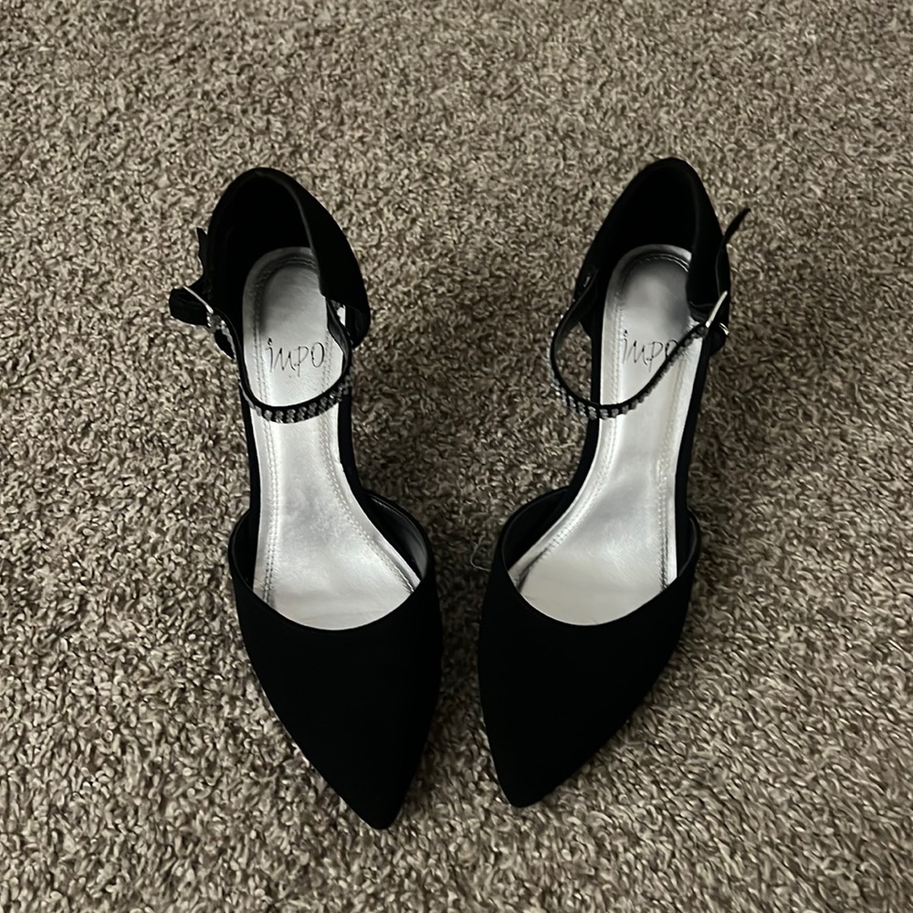 black stiletto heels with rhinestone strap